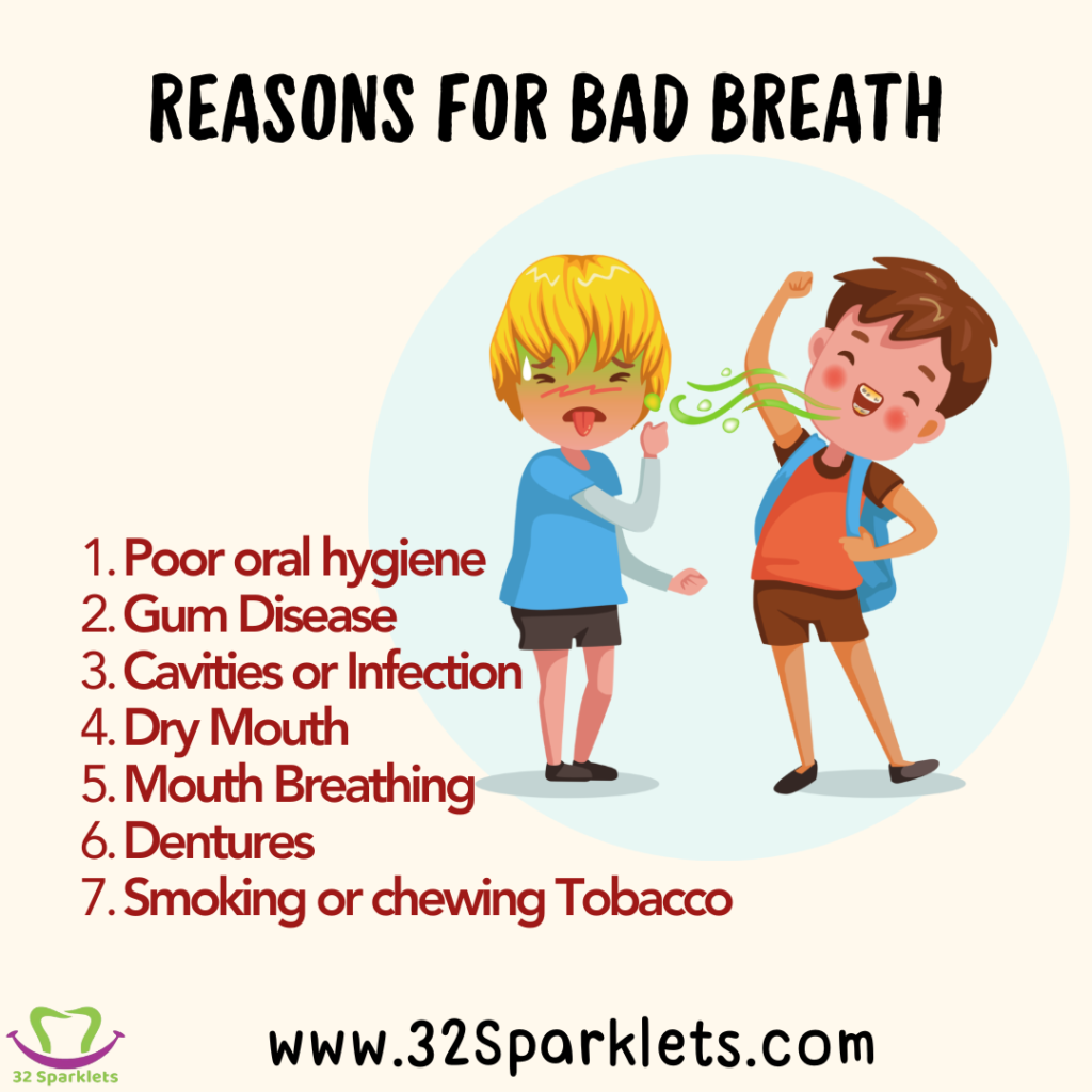 bad breath, hallitosis, poor oral gygiene, gum disease, cavities, infection dry mouth, mouth breathing, dentures, smoking, chewing tobacco